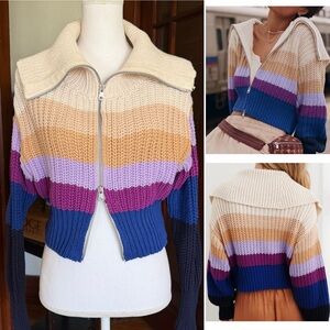 Aerie Double Zip Multi Color Striped Cropped Cardigan Wide Collar Size XS